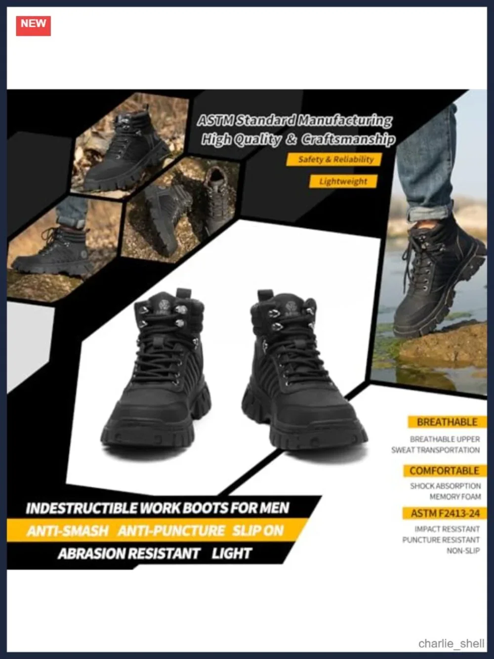 Waterproof Steel Toe Work Boots Mens 6 Inch Comfortable Safety Non Slip